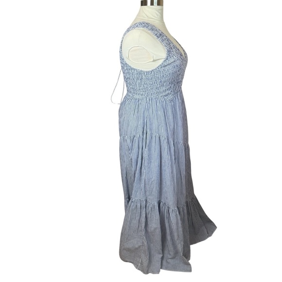Free People Juno Tiered Maxi Dress Large Blue Striped Cotton Smocked Boho Flowy - Picture 5 of 16